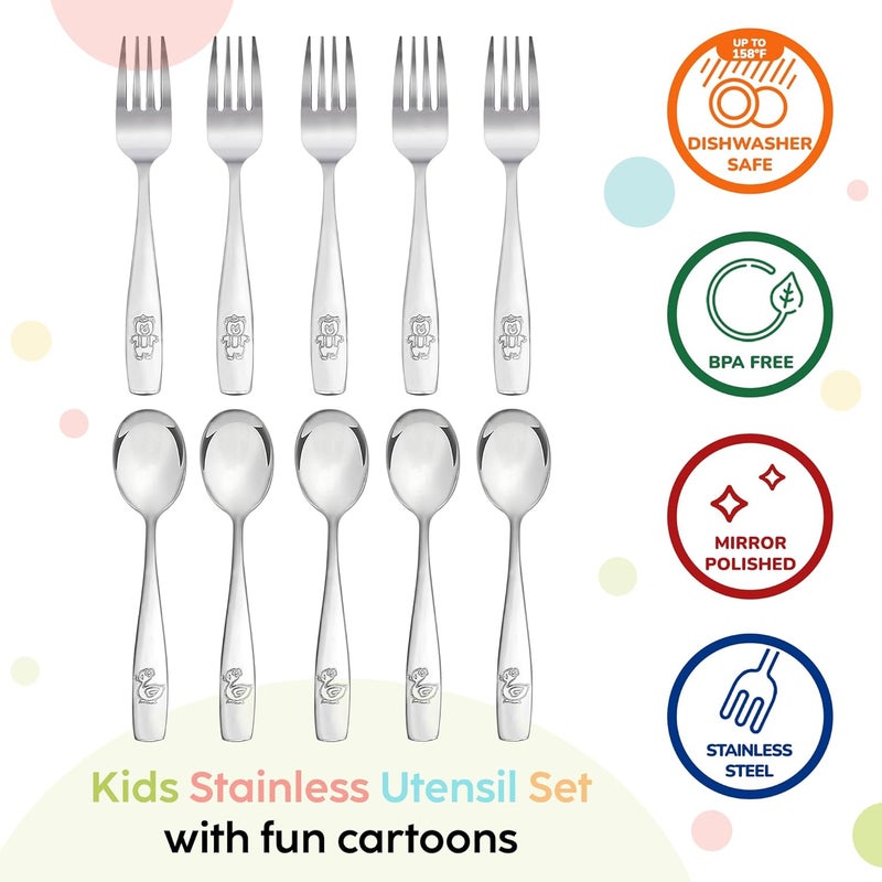 PLASKIDY Kids Silverware Stainless Steel Set of 10 Toddler Utensils Forks and Spoons - Dishwasher Safe Kids Flatware Set Children's Safe Cutlery Set - Image 2